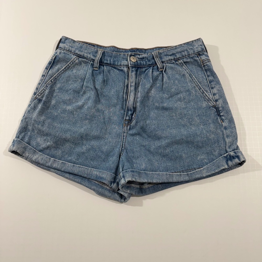 American Eagle Mom Shorts Women 6 Blue Acid Wash Pleated Cuffed High Rise Denim